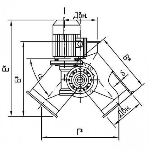 Клапан перекидной симметричный с электроприводом с отбортовкой 36°,45°,54°